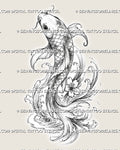 Japanese koi fish tattoo stencil with an upward-swimming koi, layered scales, long flowing fins, curling waves, circular ripples, and a small blossom accent