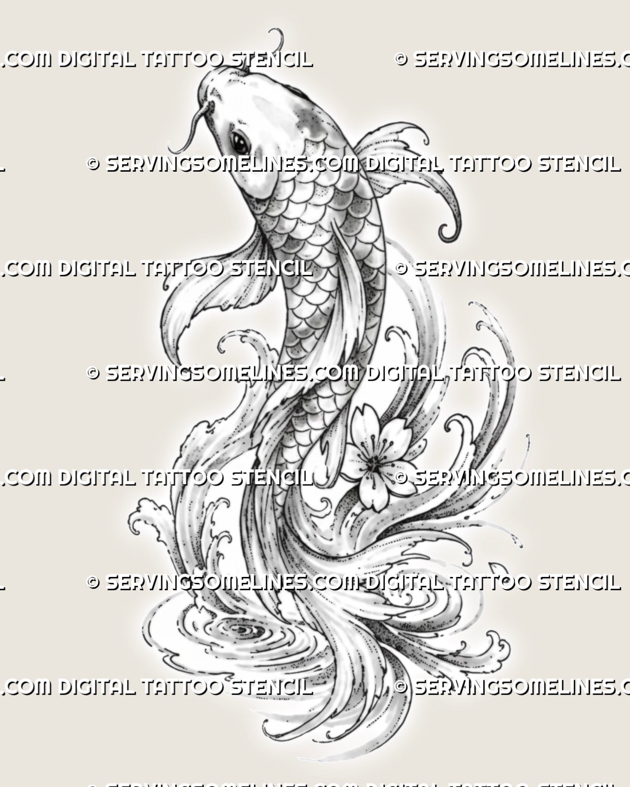 Japanese koi fish tattoo stencil with an upward-swimming koi, layered scales, long flowing fins, curling waves, circular ripples, and a small blossom accent