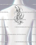 Japanese koi fish tattoo shown at the center of the upper back with an upward koi, flowing fins, detailed scales, Japanese waves, and a small blossom