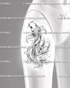 Japanese koi fish tattoo shown on women’s front thigh with detailed scales, extended fins, rising wave movement, foam, and a small five-petal flower