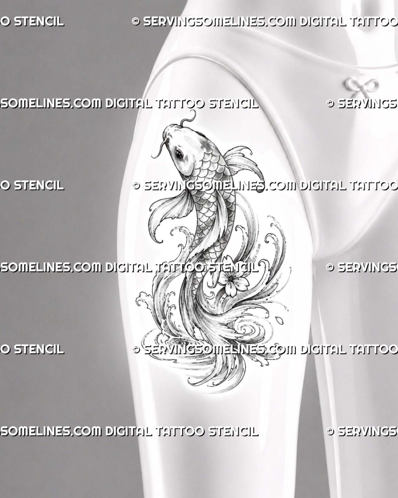 Japanese koi fish tattoo shown on women’s front thigh with detailed scales, extended fins, rising wave movement, foam, and a small five-petal flower