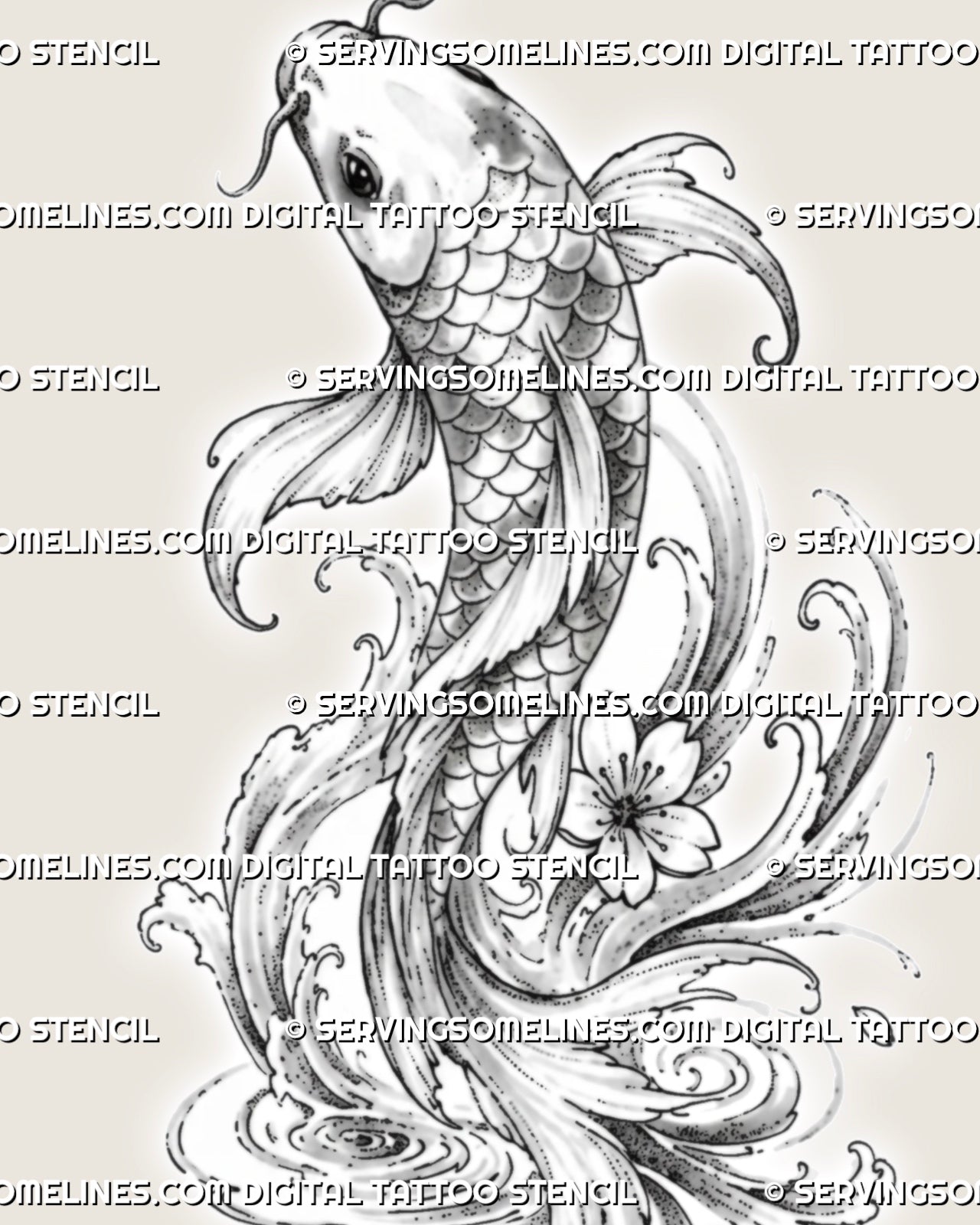Close detail of Japanese koi tattoo stencil showing the eye, barbels, overlapping scales, stippled shading, curved fins, and surrounding water lines