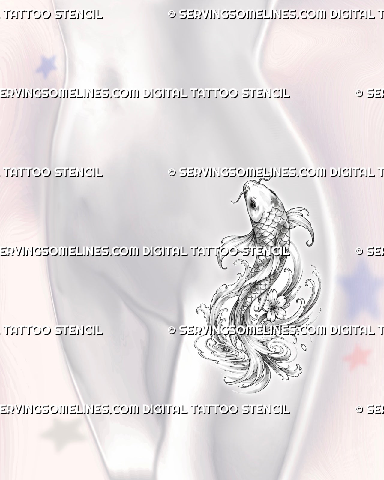 Japanese-style koi fish tattoo shown on a female hip with elegant fins, detailed linework, wave curls, stippled shading, and a subtle floral accent