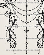 Close-up of jewelry-style ornamental back tattoo details showing a central jewel, draped chains, bead-like dots, hanging pendants, and delicate filigree linework