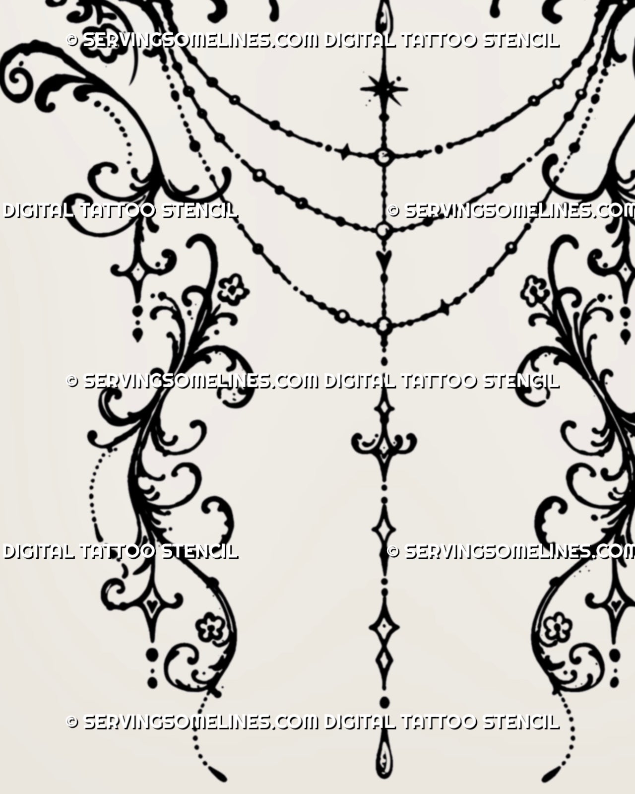 Close-up of jewelry-style ornamental back tattoo details showing a central jewel, draped chains, bead-like dots, hanging pendants, and delicate filigree linework