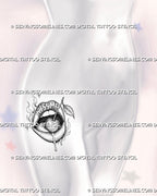 Kiss Me lips and cherry tattoo shown on women’s hip with open mouth, cherry on tongue, long stem and leaf, dripping detail, and retro flames