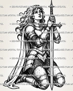 Kneeling female knight sword tattoo stencil with medieval armor, flowing cloak, vertical sword, and blackwork-style warrior detail