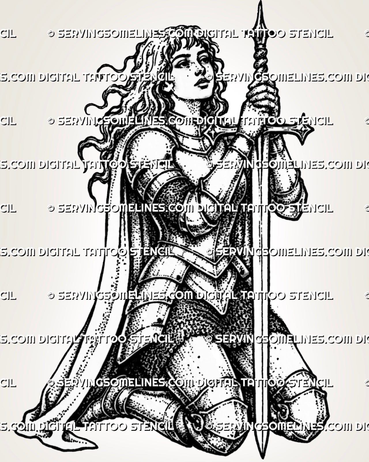 Kneeling female knight sword tattoo stencil with medieval armor, flowing cloak, vertical sword, and blackwork-style warrior detail