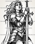Close view of kneeling female knight tattoo stencil showing face detail, plate armor, gauntlets, sword hilt, cloak, and blackwork-style texture