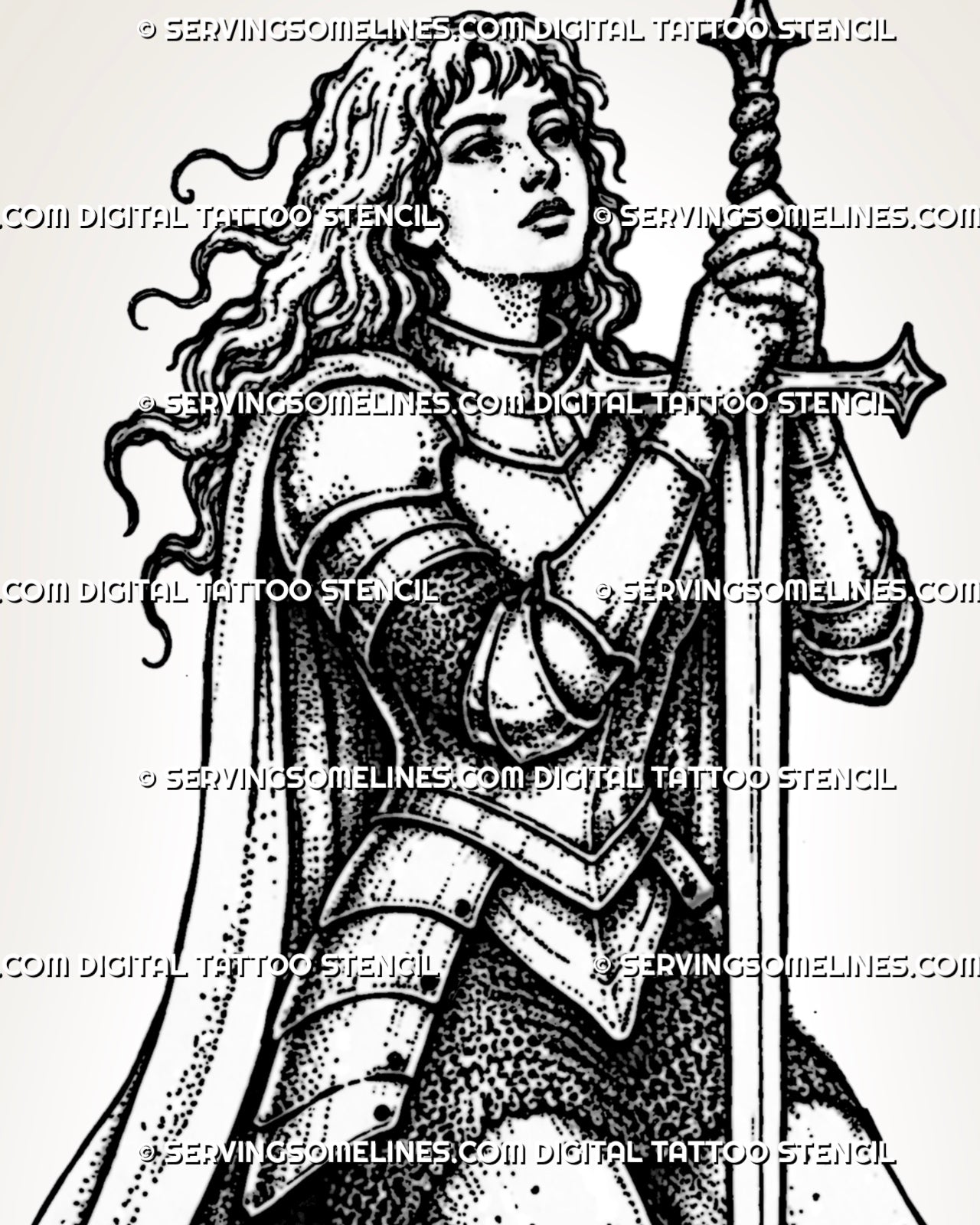 Close view of kneeling female knight tattoo stencil showing face detail, plate armor, gauntlets, sword hilt, cloak, and blackwork-style texture