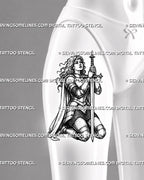 Kneeling knight sword tattoo stencil shown on female thigh with full-body medieval warrior design, armor detail, and strong blackwork-style shading