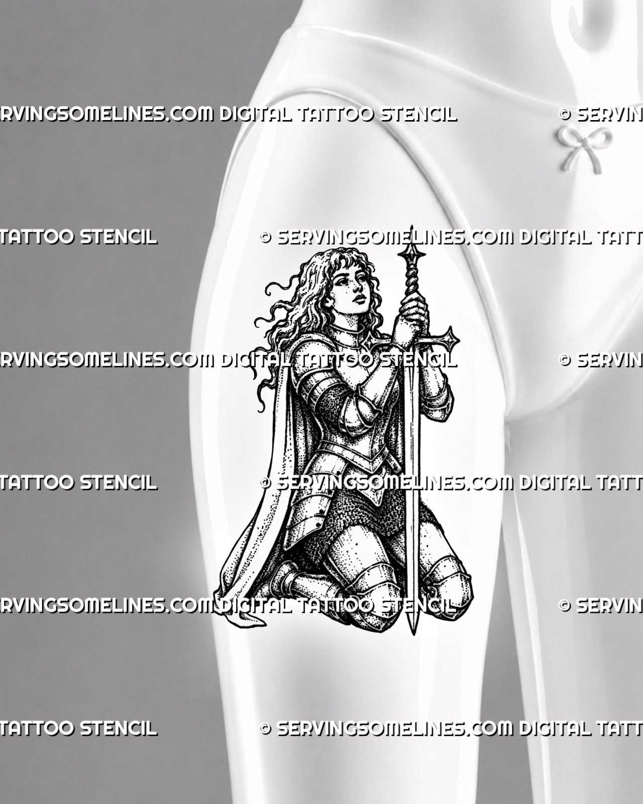 Kneeling knight sword tattoo stencil shown on female thigh with full-body medieval warrior design, armor detail, and strong blackwork-style shading