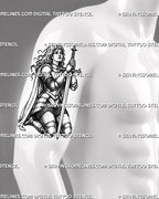 Kneeling knight tattoo stencil shown on men’s arm with vertical sword, medieval armor, cloak detail, and full-body warrior pose