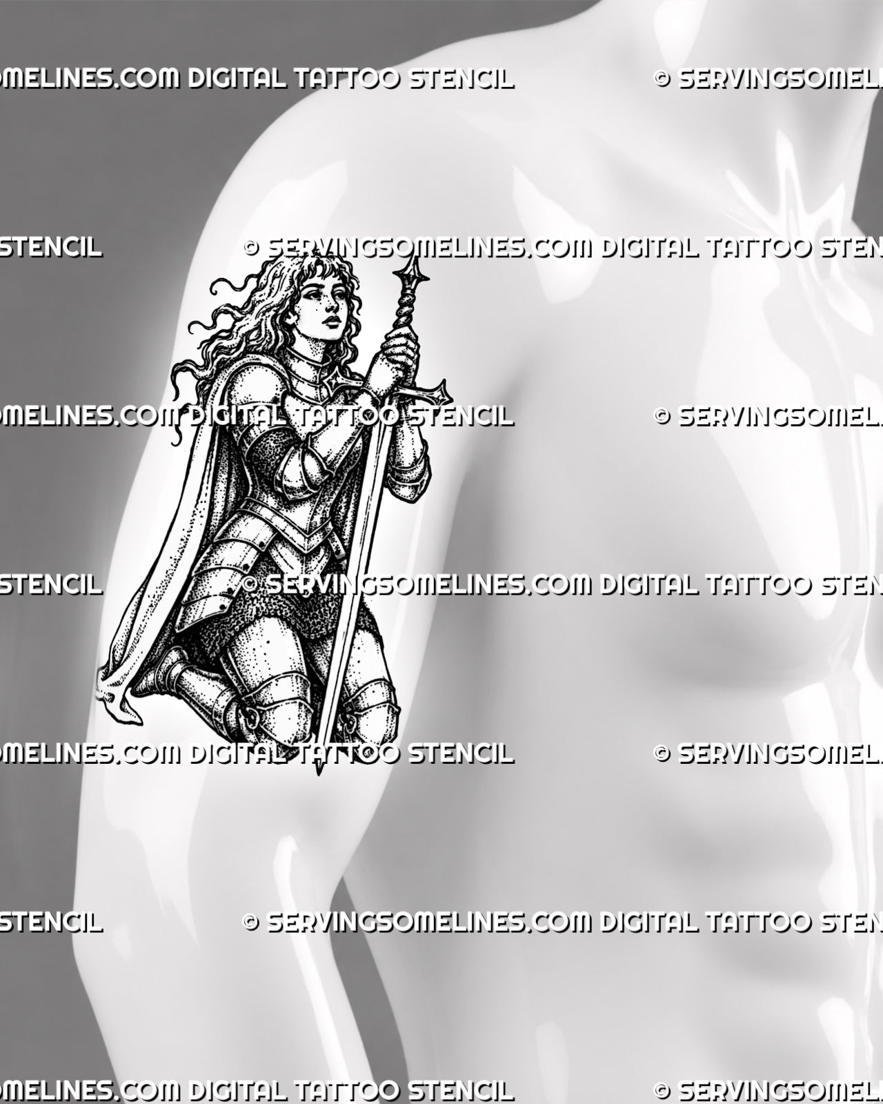 Kneeling knight tattoo stencil shown on men’s arm with vertical sword, medieval armor, cloak detail, and full-body warrior pose