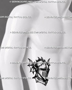 Knight helmet tattoo stencil shown on men’s ribs with medieval armor design, sharp visor, riveted plates, winged side details, and dark gothic tattoo style