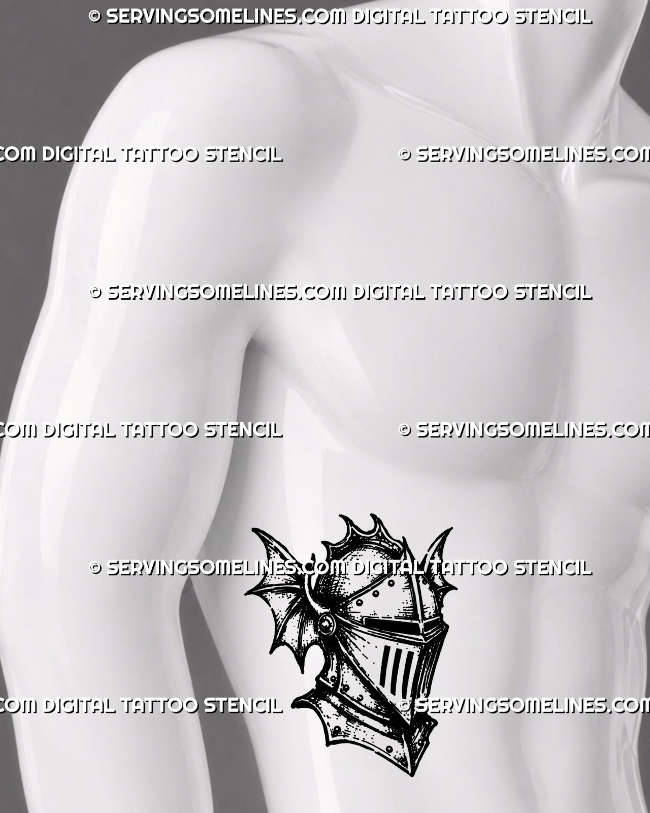 Knight helmet tattoo stencil shown on men’s ribs with medieval armor design, sharp visor, riveted plates, winged side details, and dark gothic tattoo style