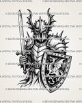 Knight sword and shield tattoo stencil with horned closed helmet, upright sword, dragon-crested shield, spiked plate armor, gauntlet, and gothic medieval linework