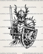 Knight sword and shield tattoo stencil with horned closed helmet, upright sword, dragon-crested shield, spiked plate armor, gauntlet, and gothic medieval linework