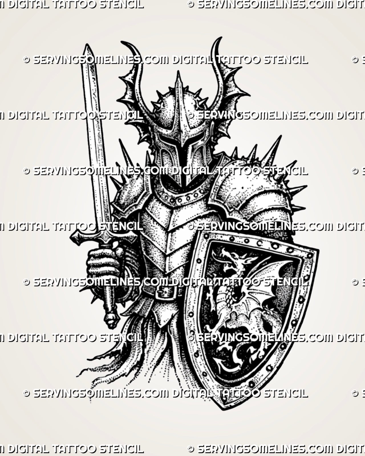 Knight sword and shield tattoo stencil with horned closed helmet, upright sword, dragon-crested shield, spiked plate armor, gauntlet, and gothic medieval linework