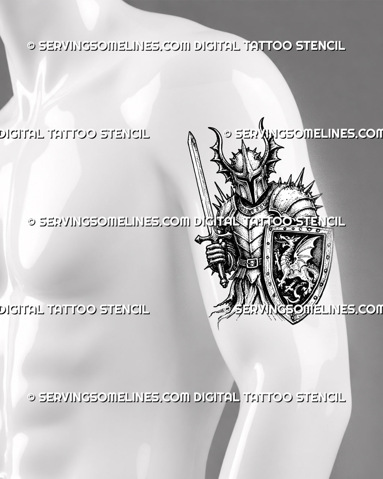 Knight sword and shield tattoo stencil shown on men’s arm with horned helmet, layered armor, large dragon shield, upright sword, and medieval tattoo for men style