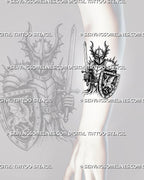 Knight with shield tattoo stencil shown on forearm with long sword, horned medieval helmet, spiked plate armor, dragon crest, and vertical warrior composition
