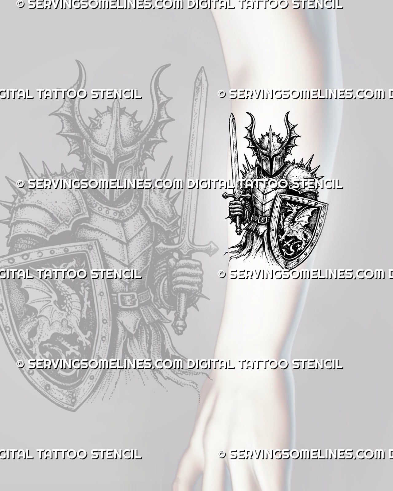 Knight with shield tattoo stencil shown on forearm with long sword, horned medieval helmet, spiked plate armor, dragon crest, and vertical warrior composition