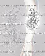 Koi fish wave tattoo stencil shown on the forearm with a vertical swimming koi, visible barbels, layered scales, extended tail fins, foam, and water ripples