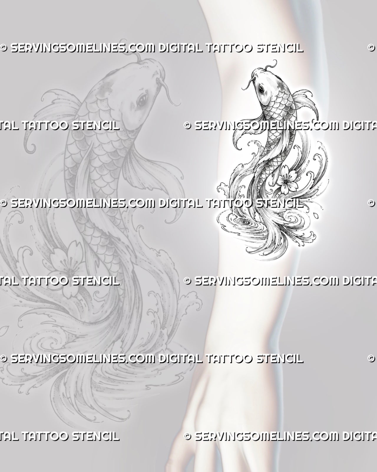 Koi fish wave tattoo stencil shown on the forearm with a vertical swimming koi, visible barbels, layered scales, extended tail fins, foam, and water ripples