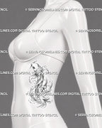 Koi fish with waves tattoo shown on a female side body with an upward-swimming fish, flowing tail, breaking foam, spiral water, and blossom detail