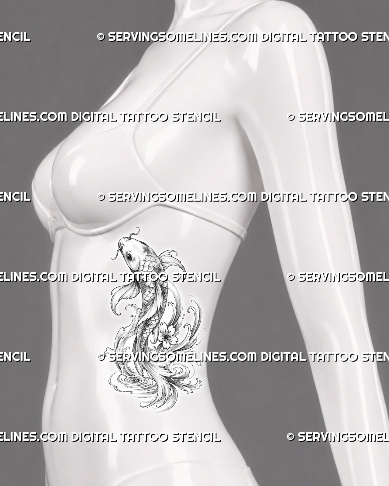 Koi fish with waves tattoo shown on a female side body with an upward-swimming fish, flowing tail, breaking foam, spiral water, and blossom detail
