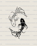 Cybersigil koi fish tattoo stencil with thorned neotribal lines and balanced flow, clean gothic line art for alternative style.