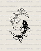 Cybersigilism koi fish tattoo stencil with thorned neotribal lines and balanced flow; clean line art sized for easy resizing, ideal for gothic or alternative aesthetics.