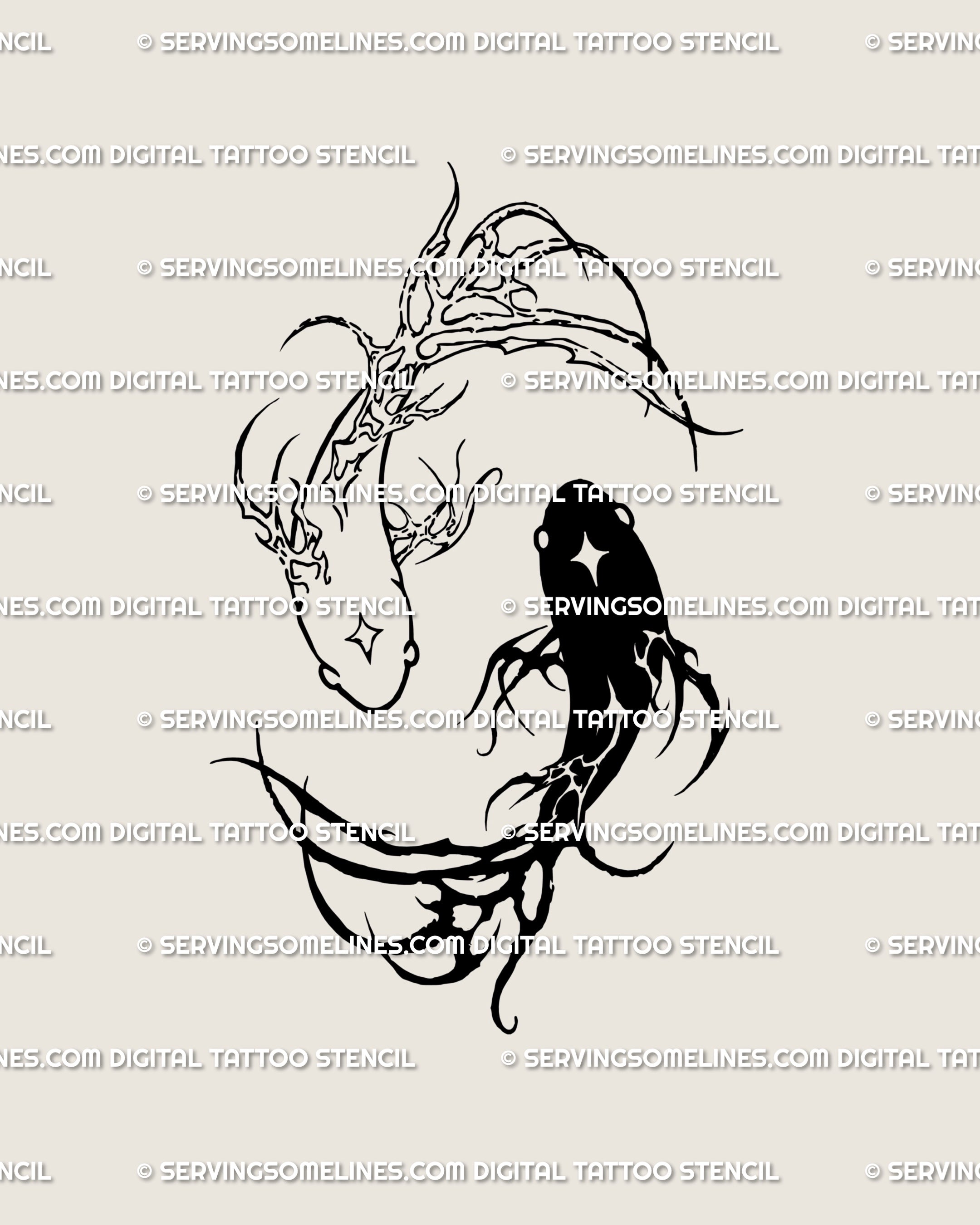 Cybersigilism koi fish tattoo stencil with thorned neotribal lines and balanced flow; clean line art sized for easy resizing, ideal for gothic or alternative aesthetics.