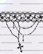 Lace thigh garter tattoo stencil with repeating floral ornament, scalloped lace borders, open scrollwork, layered bead chains, and gothic cross detail