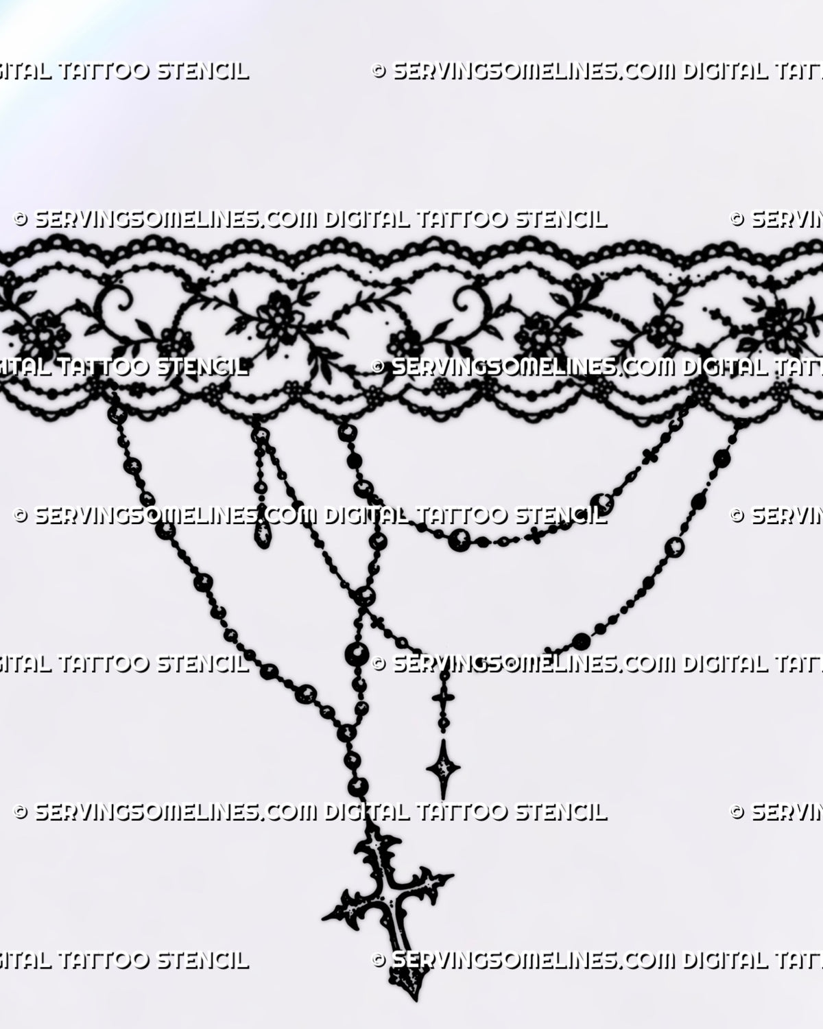 Lace thigh garter tattoo stencil with repeating floral ornament, scalloped lace borders, open scrollwork, layered bead chains, and gothic cross detail