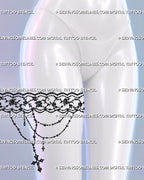 Lace thigh garter tattoo shown on a woman’s upper thigh with floral lace, scalloped borders, draped bead chains, and a hanging gothic cross pendant