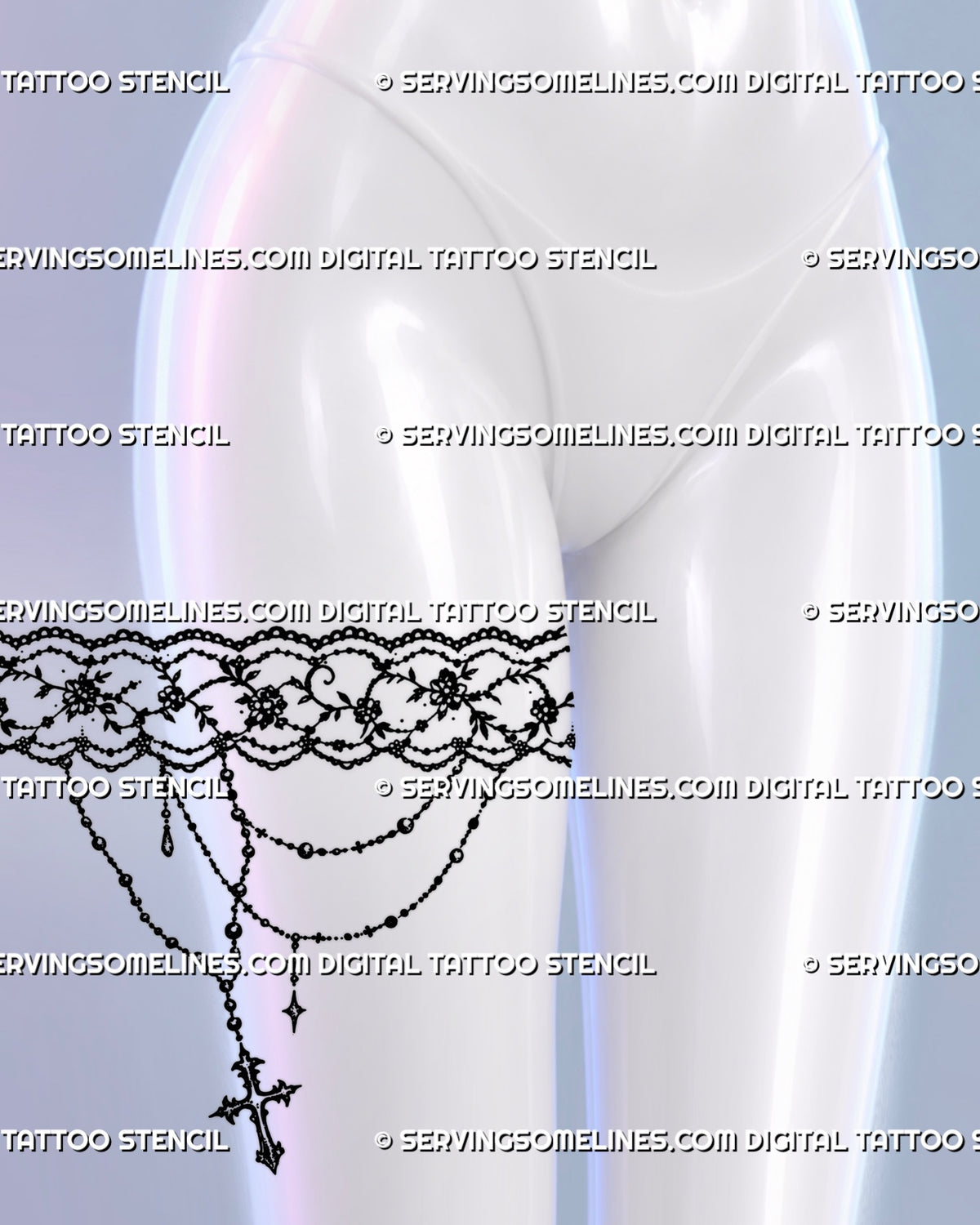 Lace thigh garter tattoo shown on a woman’s upper thigh with floral lace, scalloped borders, draped bead chains, and a hanging gothic cross pendant