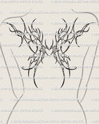 large upper back wings tattoo mockup for women with winged heart and cyber tribal lines spanning both shoulder blades, modern feminine back emblem

