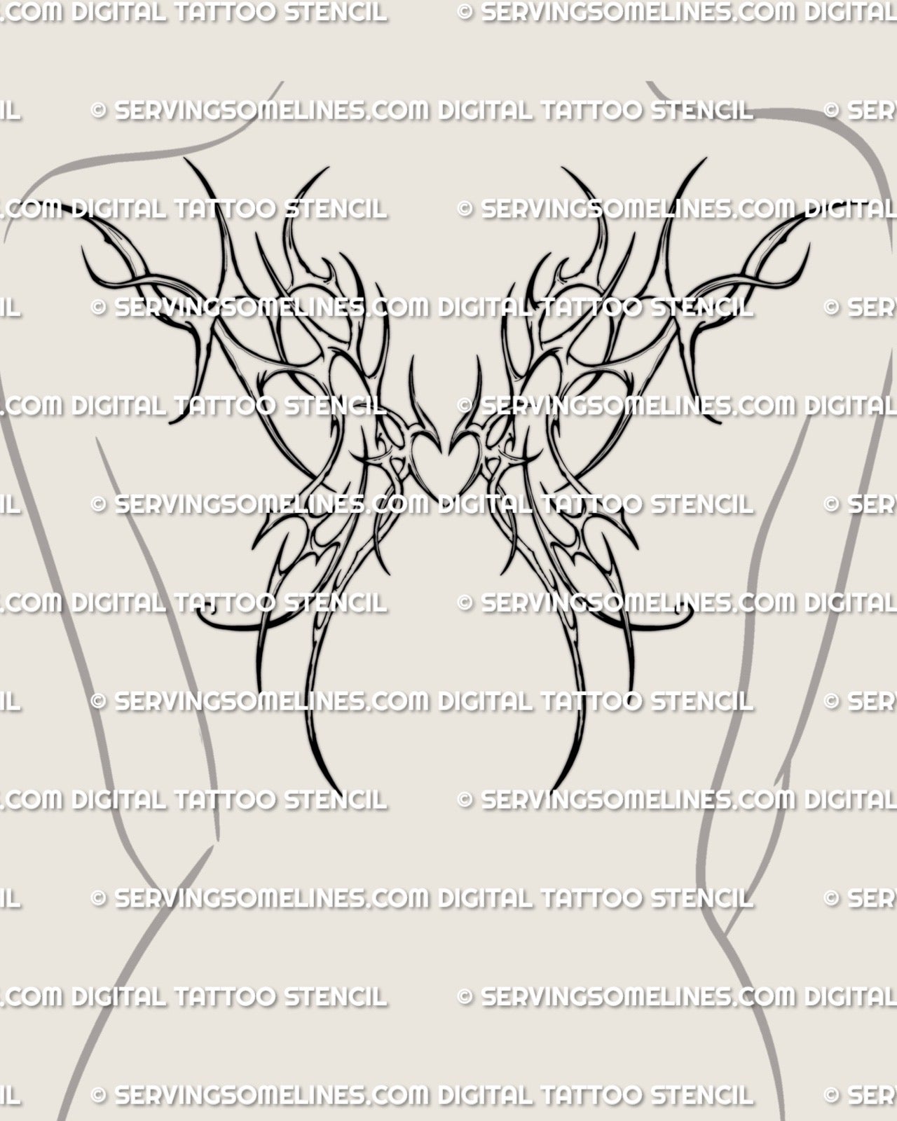 large upper back wings tattoo mockup for women with winged heart and cyber tribal lines spanning both shoulder blades, modern feminine back emblem
