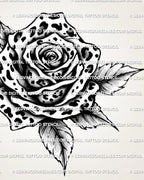 Leopard print rose tattoo stencil close view showing spotted petals, clean petal edges, and leaf detail