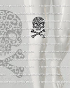 Leopard print skull tattoo shown above the knee placement with crossbones and bold leopard spots.