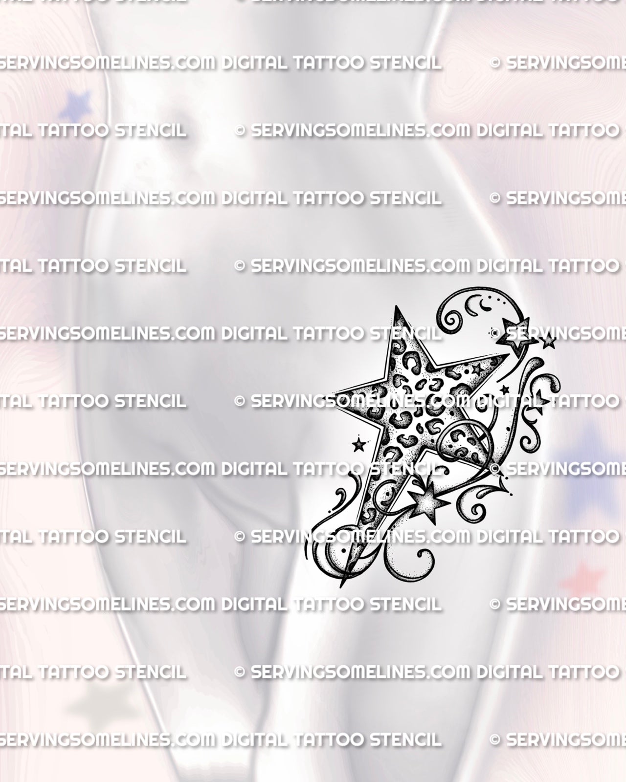 Leopard print star tattoo shown on feminine hip placement, with Y2K swirl detail, small stars, and bold 2000s shape. 