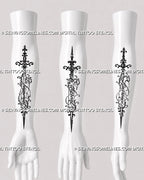 Three lettering sword tattoo designs shown at different forearm angles with cursive words, elongated blades, ornamental hilts, and flowing decorative linework