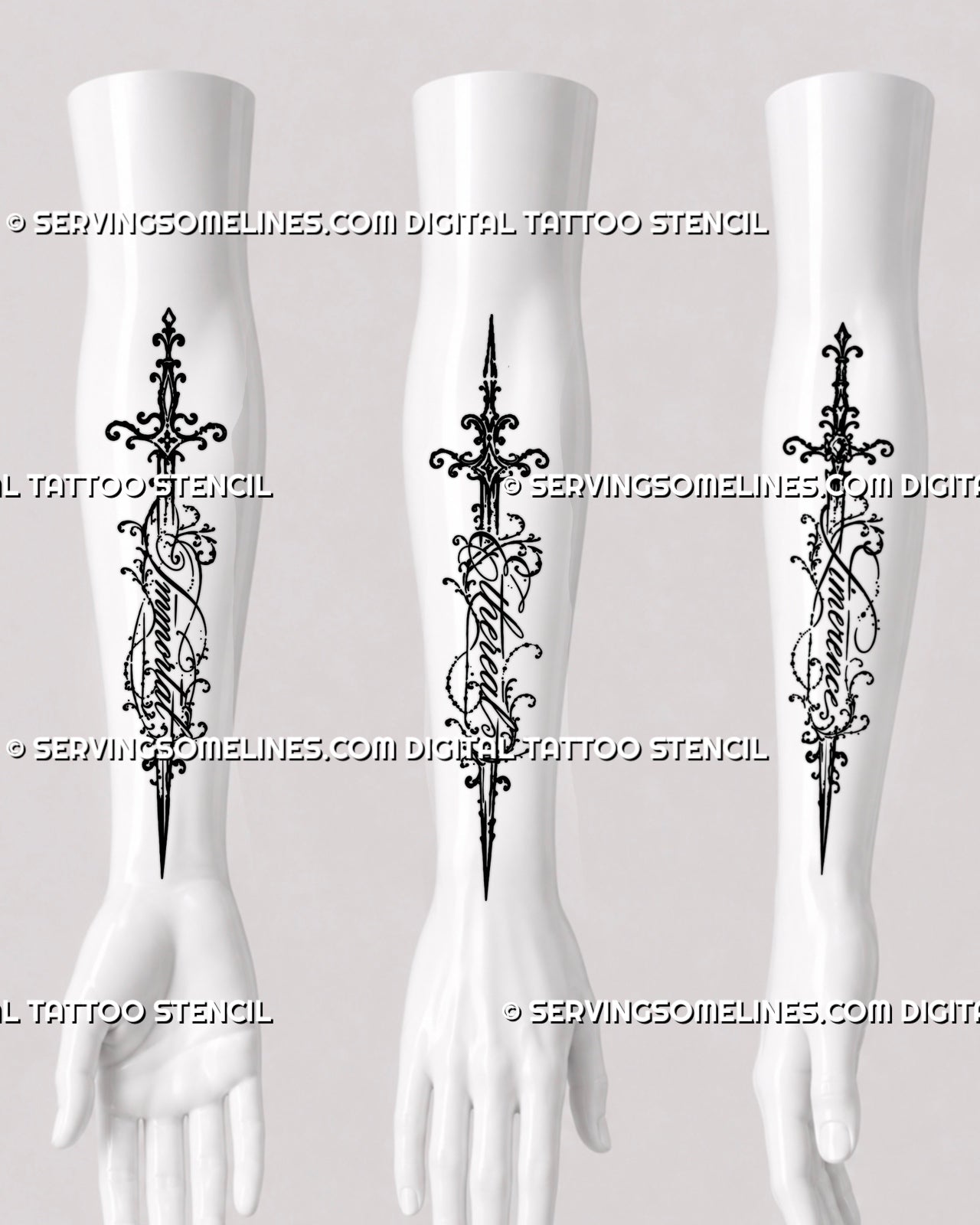 Three lettering sword tattoo designs shown at different forearm angles with cursive words, elongated blades, ornamental hilts, and flowing decorative linework