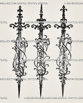 Lettering sword tattoo stencil set with three ornate swords featuring Limerence, Ethereal and Immortal cursive words, filigree guards, and flowing script