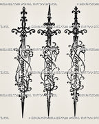 Lettering sword tattoo stencil set with three ornate swords featuring Limerence, Ethereal and Immortal cursive words, filigree guards, and flowing script
