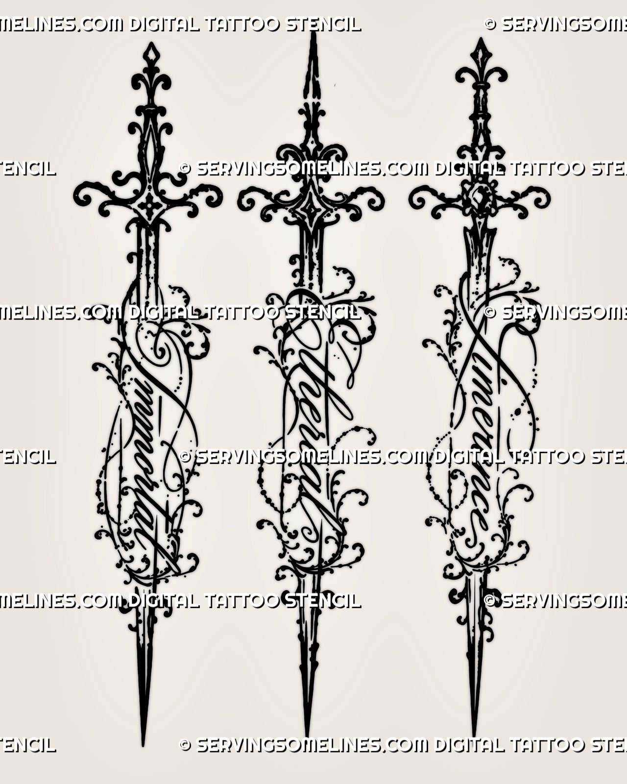 Lettering sword tattoo stencil set with three ornate swords featuring Limerence, Ethereal and Immortal cursive words, filigree guards, and flowing script