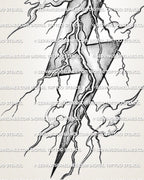 Lightning bolt tattoo stencil close view showing shaded black texture, sharp zigzag edges, and electric branch lines.