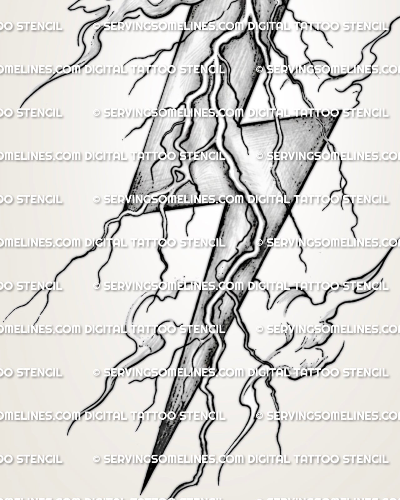 Lightning bolt tattoo stencil close view showing shaded black texture, sharp zigzag edges, and electric branch lines.