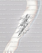 Lightning bolt tattoo stencil shown on forearm placement, with bold shaded detail and electric linework.